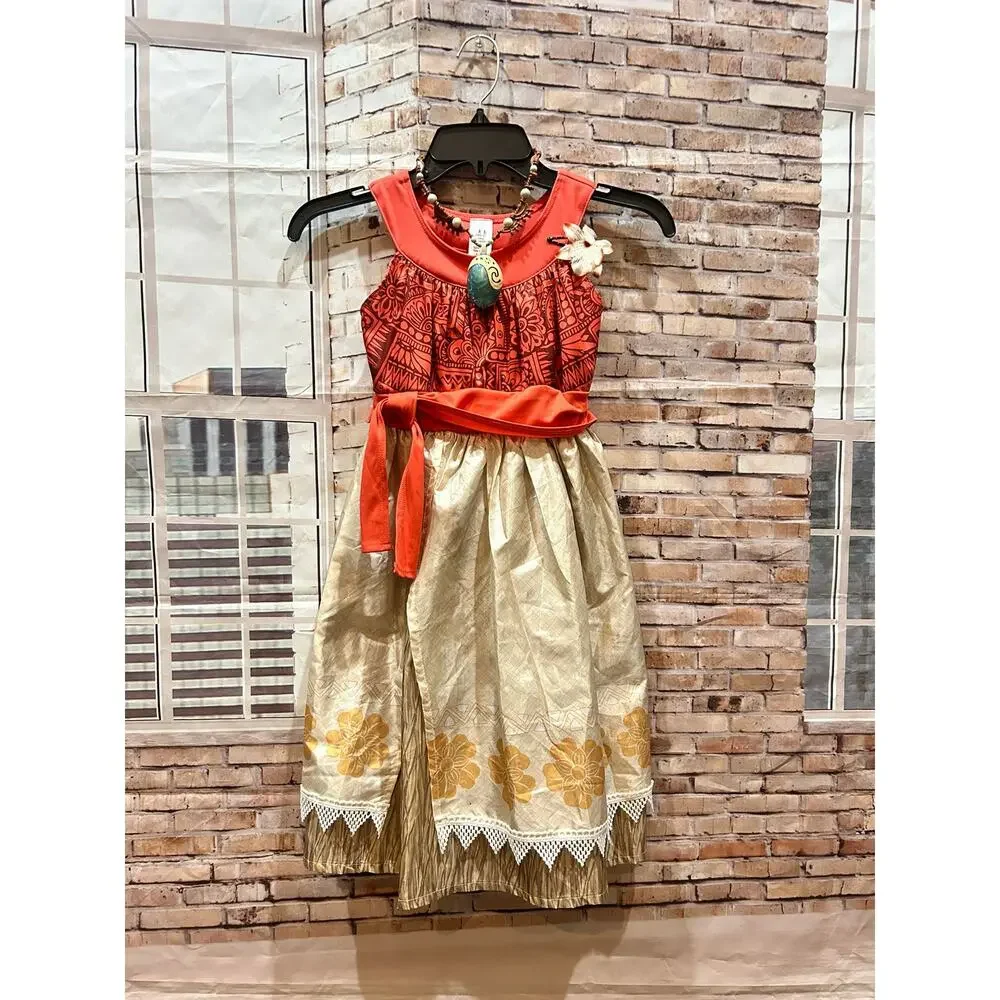 Little Adventures Moana Disney Girls Red Floral Princess Outfit Costume sz L